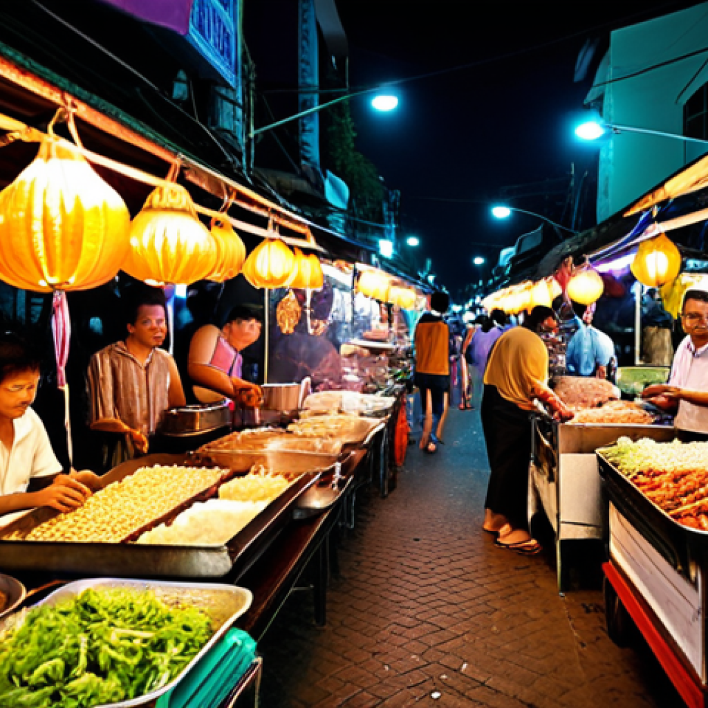 ** A vibrant and bustling Bangkok street food market at night. Lots of colorful lights, food stalls with delicious Thai dishes, and people enjoying the lively atmosphere. Focus on the energy and the variety of sights, sounds, and smells.

**