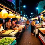 ** A vibrant and bustling Bangkok street food market at night. Lots of colorful lights, food stalls with delicious Thai dishes, and people enjoying the lively atmosphere. Focus on the energy and the variety of sights, sounds, and smells.

**