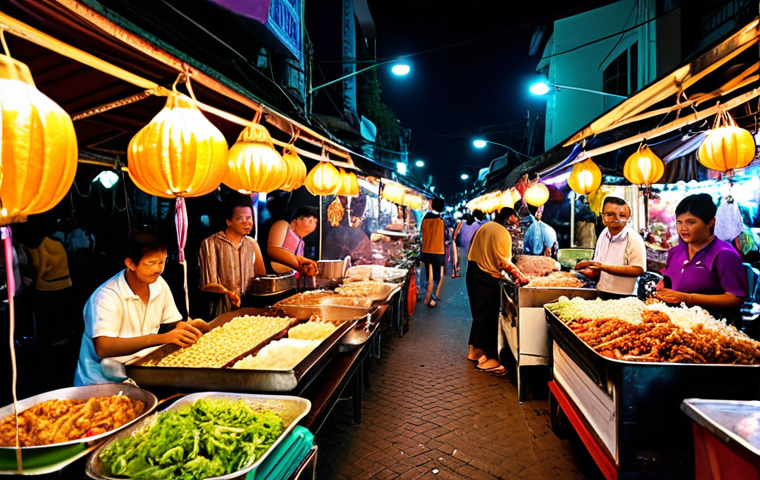 ** A vibrant and bustling Bangkok street food market at night. Lots of colorful lights, food stalls with delicious Thai dishes, and people enjoying the lively atmosphere. Focus on the energy and the variety of sights, sounds, and smells.

**
